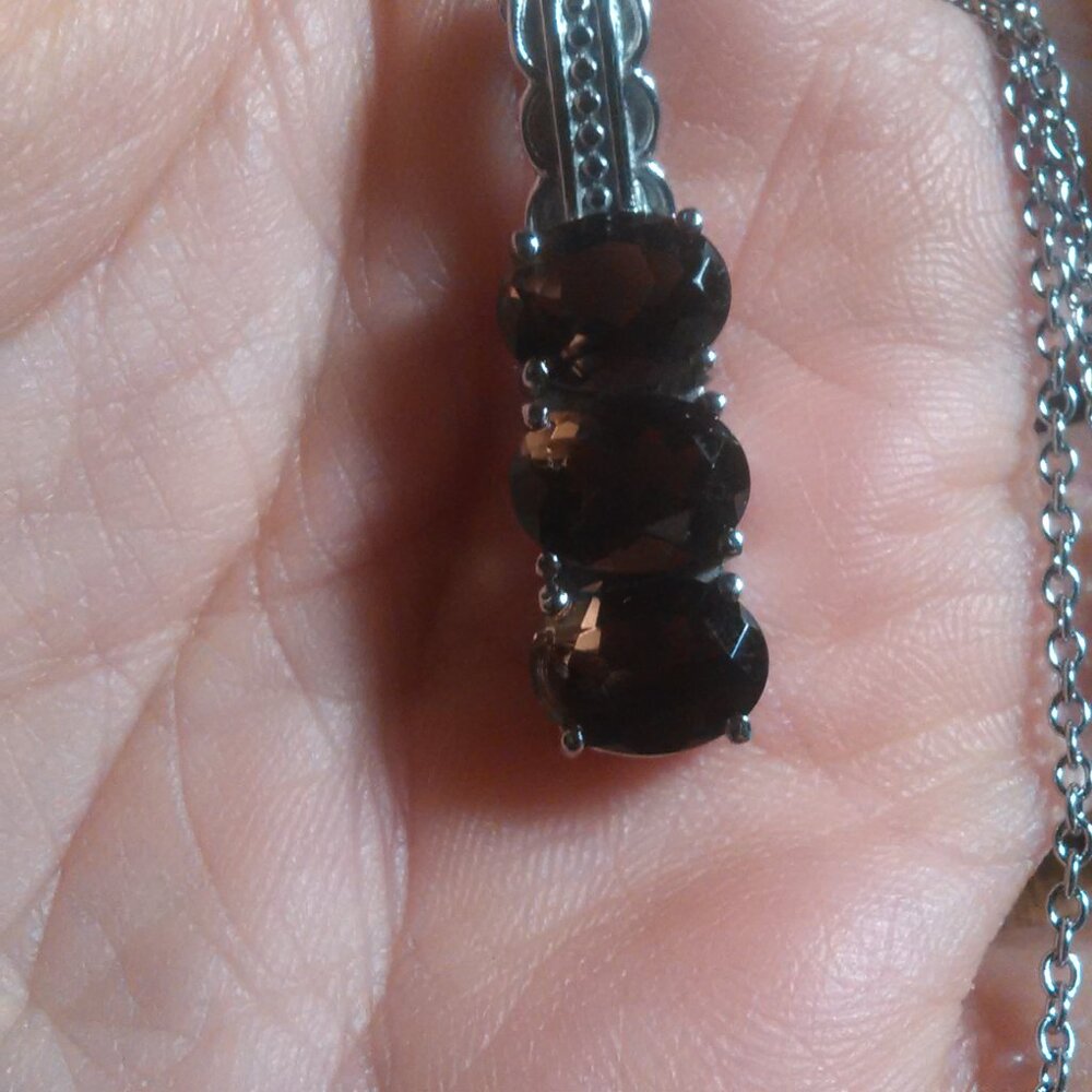 Brazilian Smokey Quartz Three Stone Stainless Steel Pendant Necklace - Picture 11 of 14